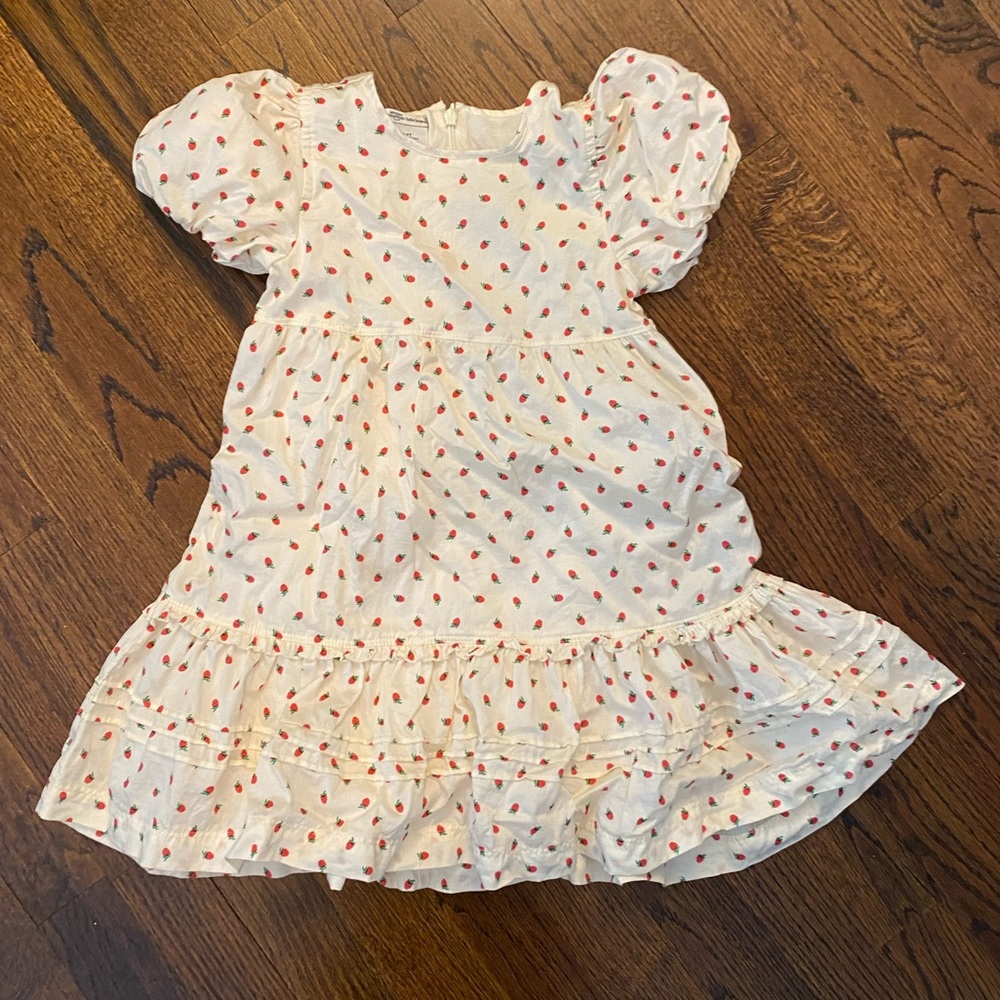 Sweet Strawberry Print dress Puff Sleeve Ruffle Hem toddler girl 4T zip up